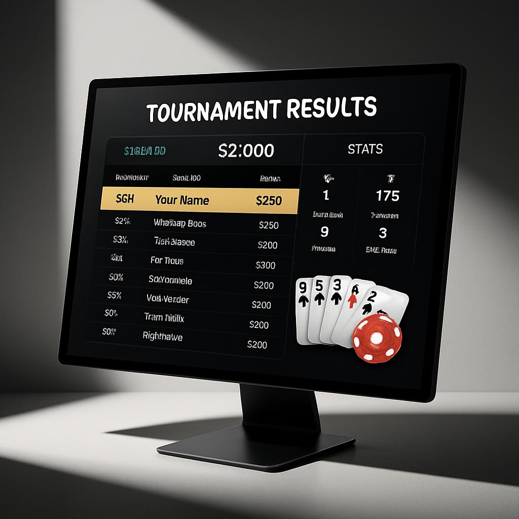 Tournament Results Screen. Monitor displaying graphic, titles and results.